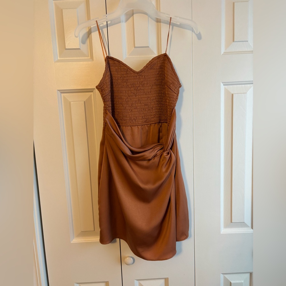 Mustard Seed Brown Asymmetrical Ruched Mini Dress